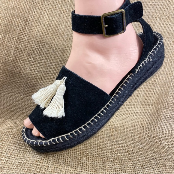 Soludos Shoes - Espadrilles Soludos Platform Sandals Black Suede Tassels White Wedge Size 10